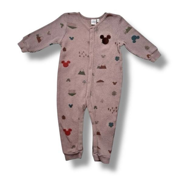 Disney Baby Romper Boys Size 18M Beige Mickey Mouse Waffle Knit Snap Front - Picture 1 of 7